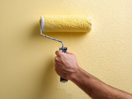Painter paints the wall with a paint roller, close-upの素材