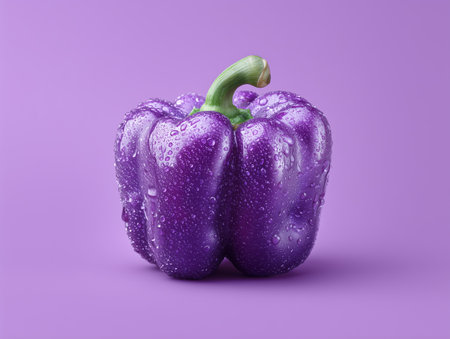 Sweet pepper with water drops on purple background. 3d illustration.の素材