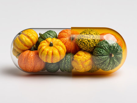 Colorful pumpkins and squashes in a pill on white backgroundの素材