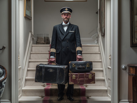 Handsome bearded pilot in uniform with suitcases in hotel roomの素材