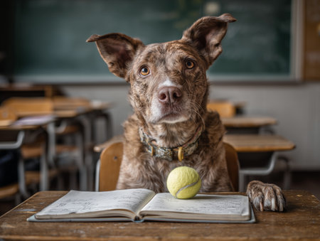 Cute dog with a tennis ball and a book in a classroomの素材