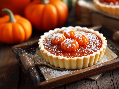 Pumpkin tart with caramelized apples on a dark wooden backgroundの素材
