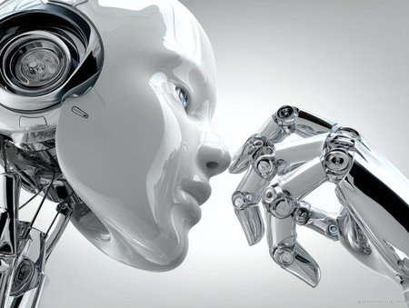 3d rendering humanoid robot kissing a female robot on a white backgroundの素材