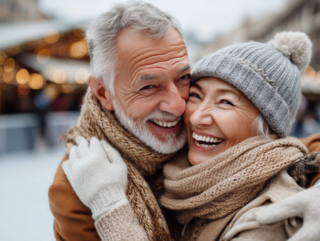 Portrait of happy senior couple in winter clothes looking at each otherの素材