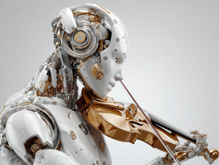 3d rendering humanoid robot playing violin on gray background with vignetteの素材