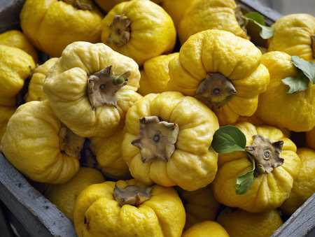 Ripe yellow quince fruits in a wooden box, close-upの素材