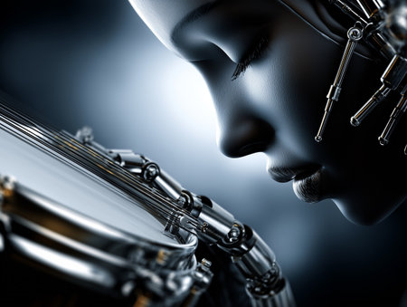 3d rendering of a female robot playing a drum set on a dark backgroundの素材