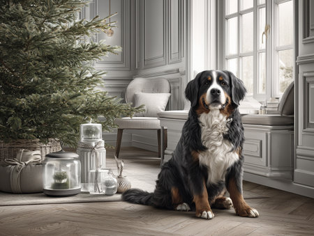 Bernese mountain dog sitting in front of a fireplace and Christmas treeの素材