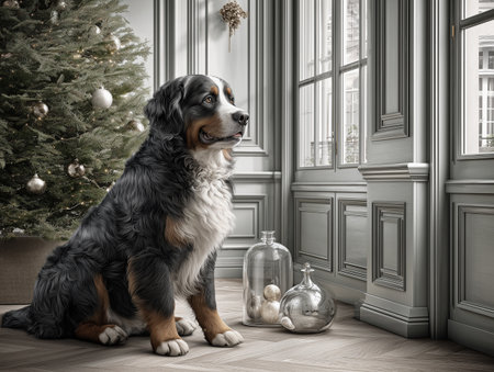 Portrait of a Bernese mountain dog sitting in front of a Christmas treeの素材