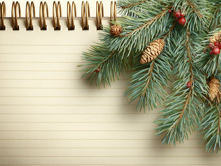 Notepad with fir branches and pine cones on it. Christmas backgroundの素材