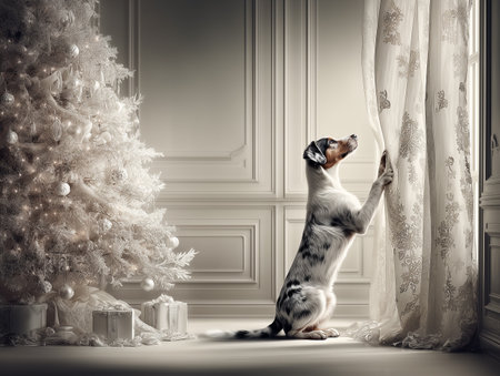 Cute Australian shepherd dog sitting near the Christmas tree. New Year concept.の素材