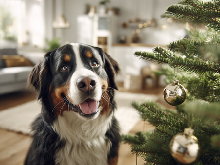 Cute Bernese mountain dog near christmas tree in living roomの素材