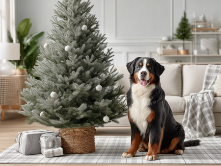 Cute Bernese mountain dog sitting near Christmas tree in living roomの素材