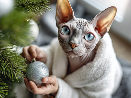 Beautiful sphinx cat with Christmas ball in hands at homeの素材