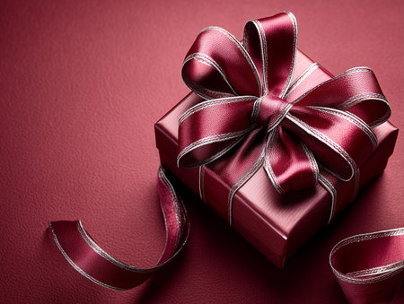 Gift box with red ribbon on red leather background. Shallow dof.の素材