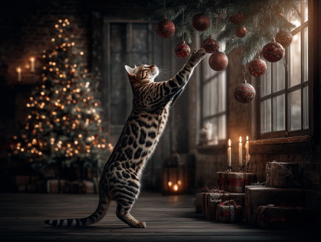 Cute bengal cat playing with christmas balls at homeの素材