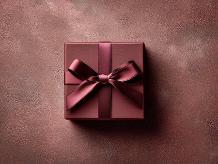 Gift box with red bow on textured background. Top viewの素材