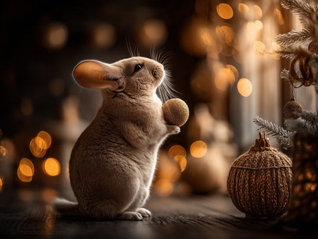 Cute little chinchilla on a background of Christmas decorations.の素材