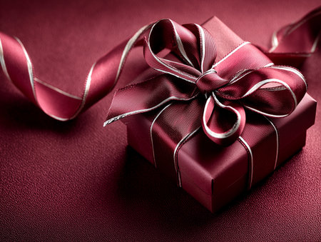 Gift box with ribbon on red background.の素材