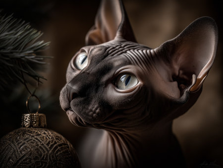 Beautiful Sphynx cat with Christmas decoration on a dark backgroundの素材