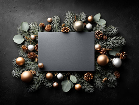 Christmas greeting card mockup with fir tree branches, golden and silver baubles on black backgroundの素材