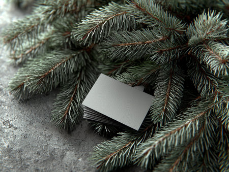 Christmas greeting card with spruce branches on gray background, closeupの素材