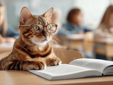 Bengal cat in glasses reading book at table in classroom, closeupの素材