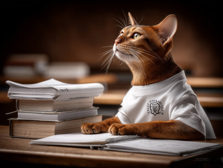 Cute abyssinian cat sitting at the table and reading a bookの素材