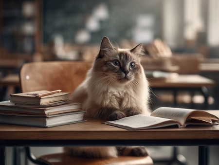 Cute ragdoll cat sitting at the table with books.の素材
