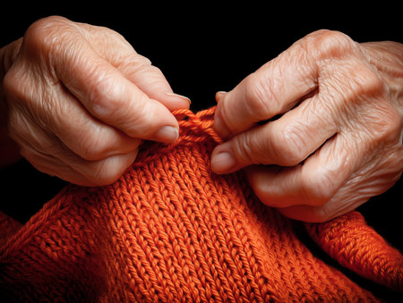 Elderly woman knitting on a black background.の素材