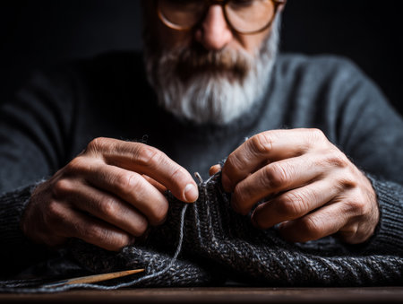 Close-up of a gray-bearded old man knitting a sweater.の素材