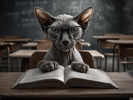 Sphynx cat in glasses and a book in the classroomの素材