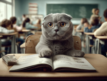 Cute british shorthair cat in glasses reading book in classroomの素材