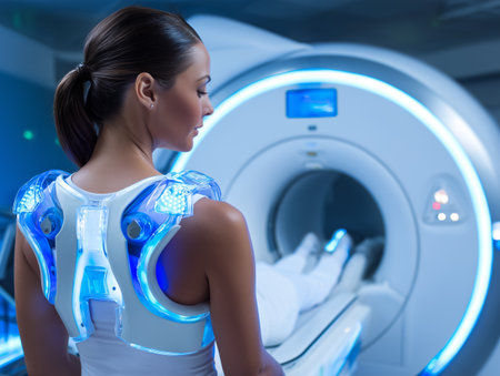 Beautiful woman in a medical uniform looking at the tomography scanner.の素材