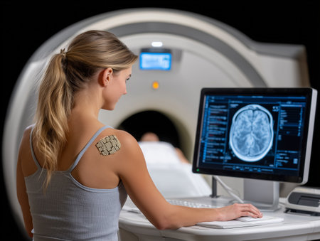 Radiologist monitoring a patient's brain in a CT scanner.の素材
