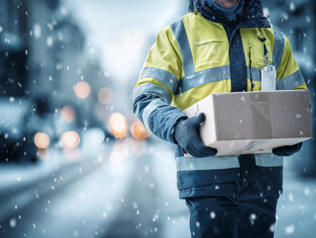 Close-up of courier holding parcel on city street under snowfallの素材