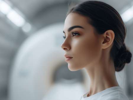 Portrait of a beautiful young woman in a white T-shirt on a background of an MRI.の素材