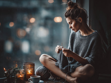 Young beautiful woman sitting on the floor near the window and knitting.の素材