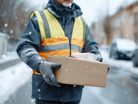 delivery man in uniform with parcel box on city street during snowfallの素材