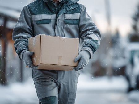 delivery man holding a cardboard box in his hands on a snowy dayの素材