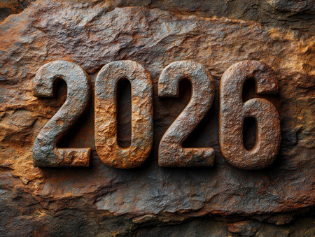 Rusty metal number 2026 on the background of old rusty iron.の素材