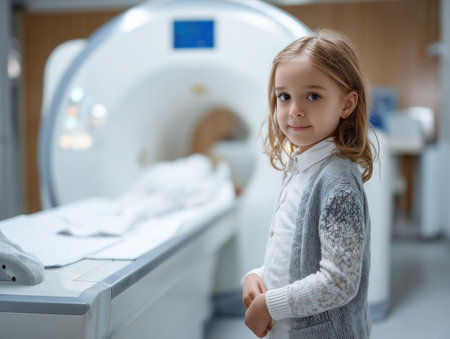 Cute little girl looking at camera while standing near mri scannerの素材
