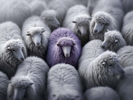 Sheep in a flock of white sheep. Close-up.の素材