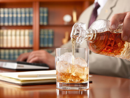 Man pouring whiskey from bottle into glass on table in office, closeupの素材