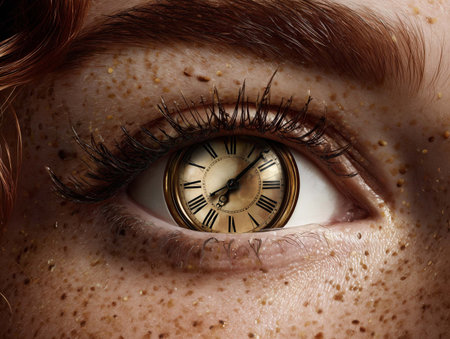 Close-up image of female eye with old clock. Time conceptの素材