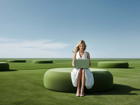 Woman sitting on a green bean bag chair with a laptop in her handの素材