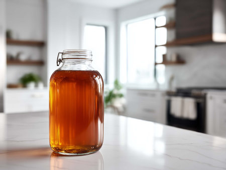 Jar of honey on table in kitchen, closeup. Space for textの素材