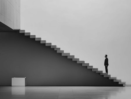 Businessman walking up the stairs in black and white. 3D Renderingの素材