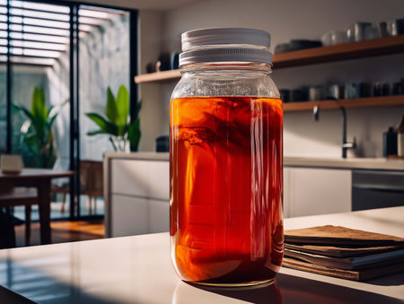 A glass jar of tea on a table in a modern kitchen.の素材