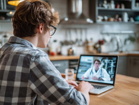 back view of young man using laptop with doctor on screen at homeの素材